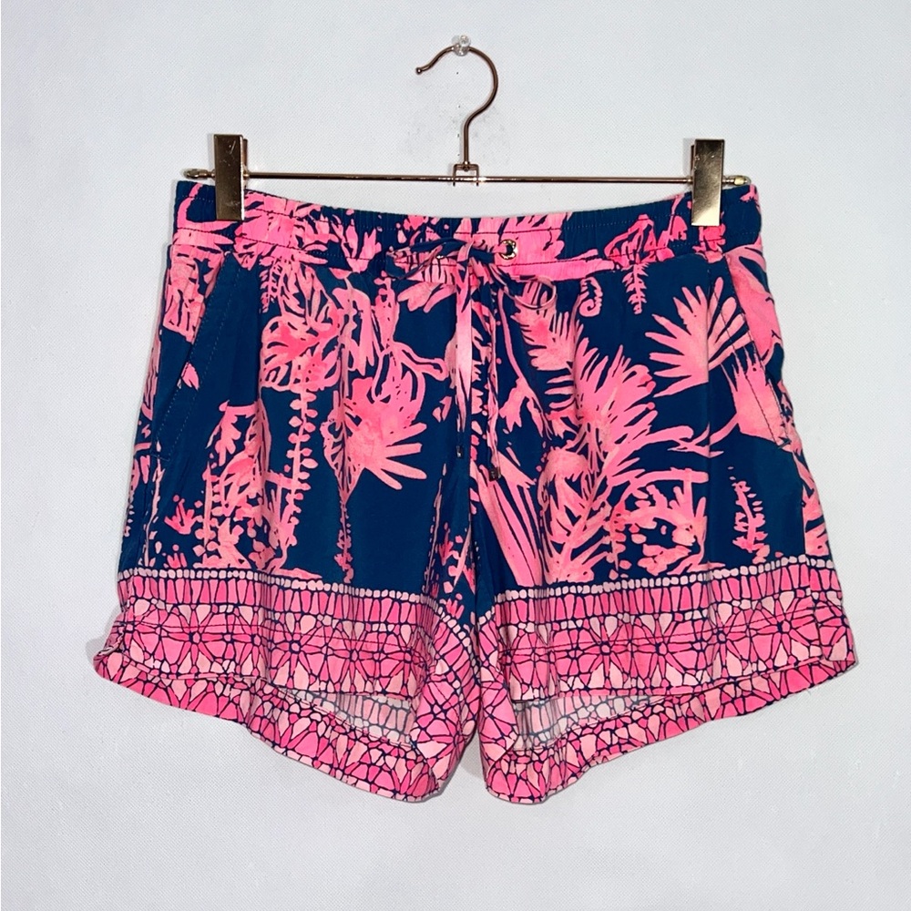 LILLY PULITZER Katia Drawstring Tropical Shorts in Night Caw Indigo XS